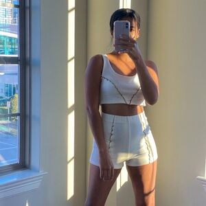 Off-White Vintage Inspired High-Waisted Shorts with Lettuce Trim - Stretchy, Sty